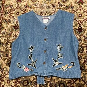 NYC Sport Blue Denim Vest with Embroidery Vintage Size Small Adjustable Back